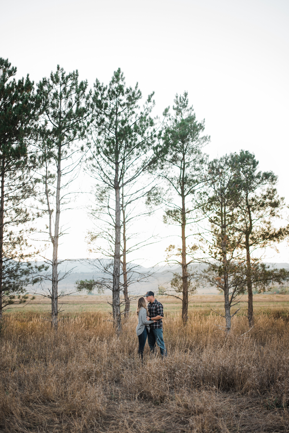 Couple standing in field kissing with tall trees in background