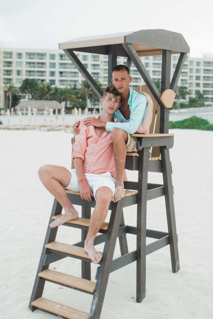 Cancun beach lovers shoot, sitting on lifeguard chair 