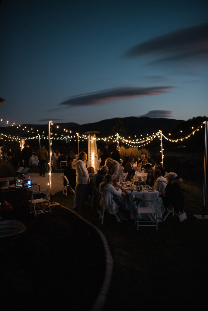 Backyard reception with twinkle lights 