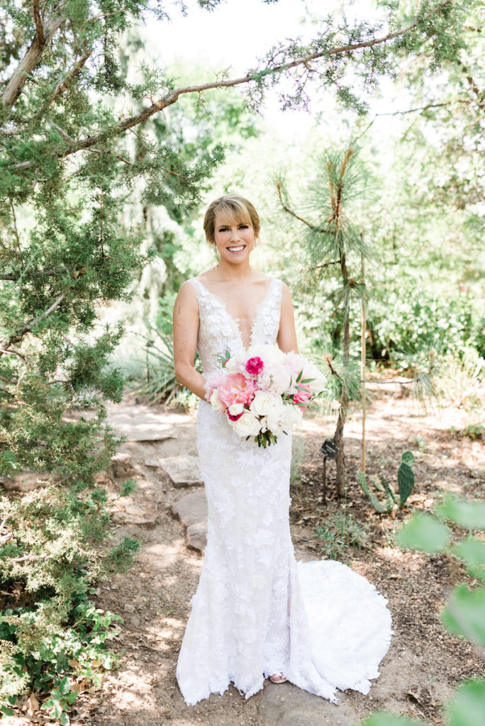Bride in Mira Zwillinger dress at Denver Botanic Garden wedding