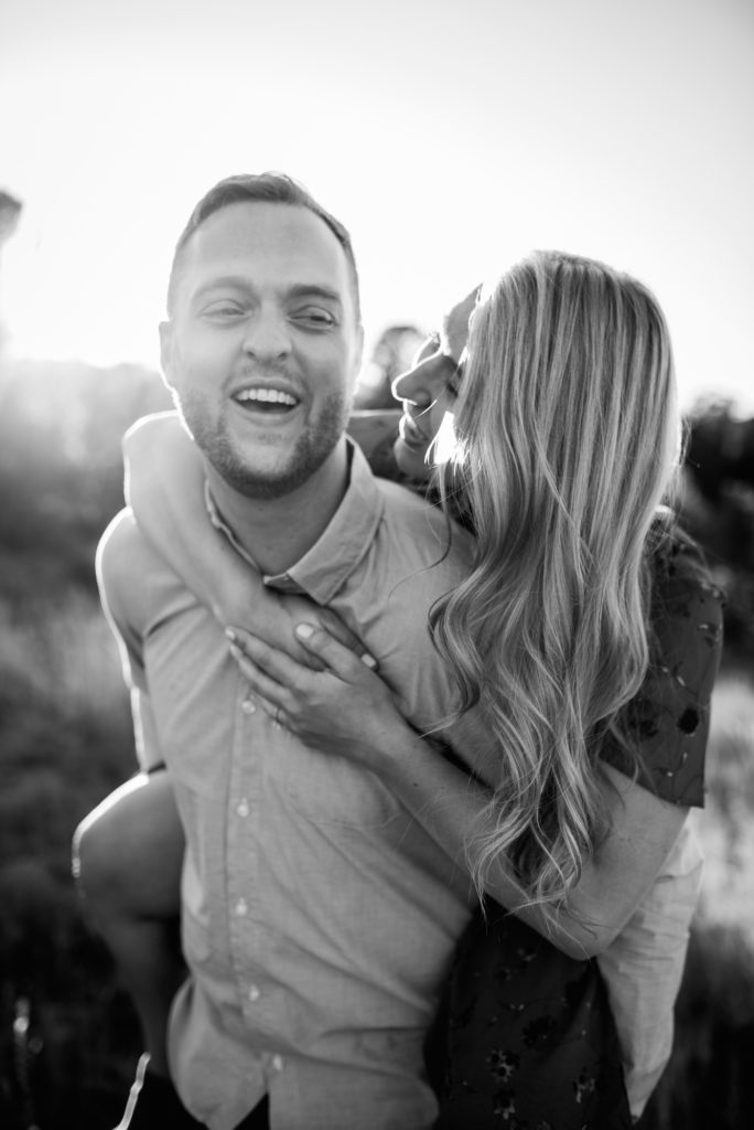 Buena Vista Engagement, couple piggy back ride in black and white
