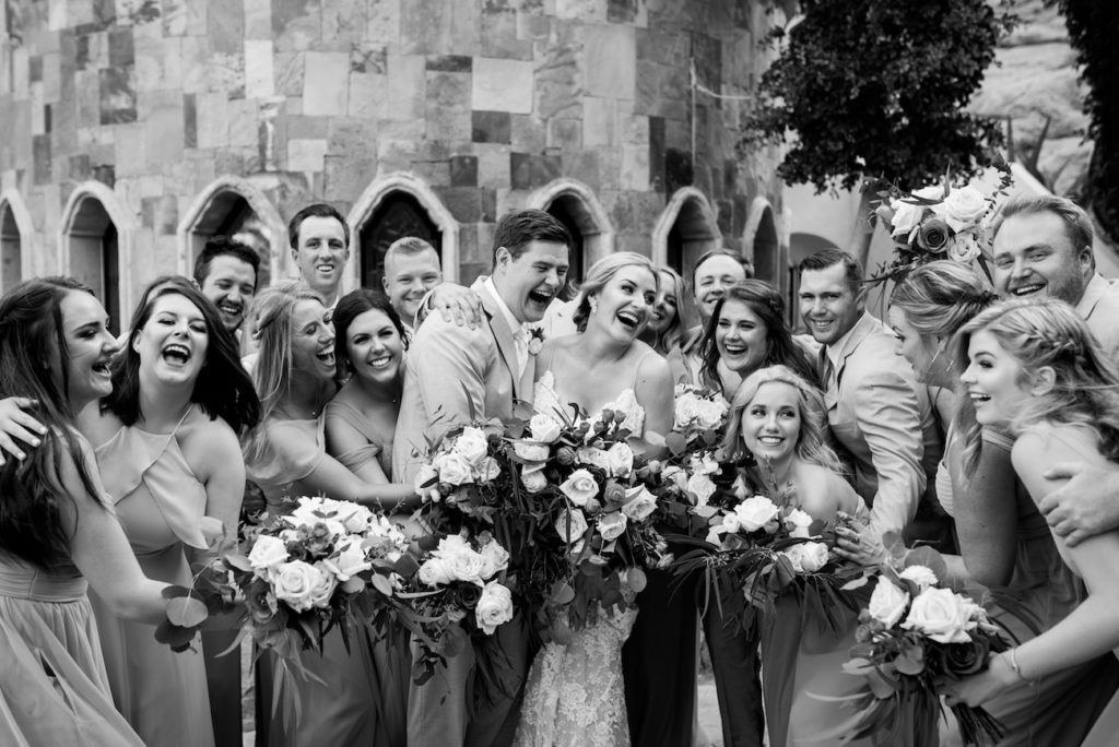 Kelly and Shaun with bridal party black and white